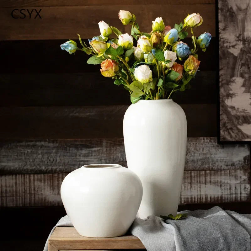 Vase en Céramique Blanc Pur Style Nordique Rétro-Moderne  - Décoration Créative pour Fleurs Séchées, Grenades, Chambre & Salon