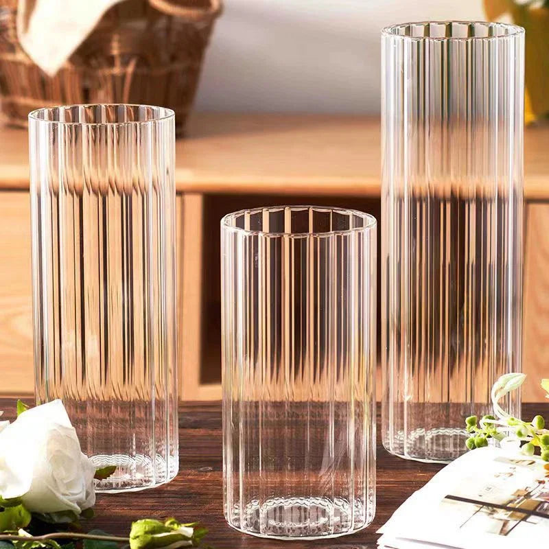 Vases cylindriques en verre côtelé, grands vases transparents pour centres de table, photophores pour bougies piliers ou flottantes