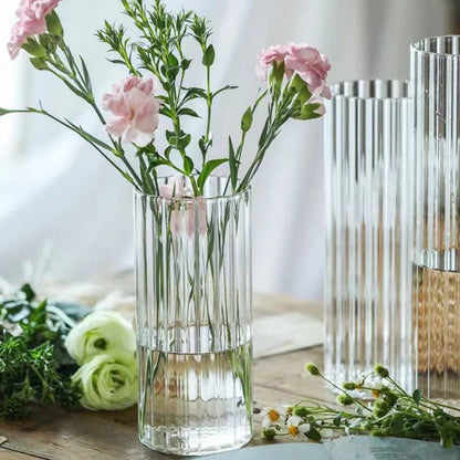 Vases cylindriques en verre côtelé, grands vases transparents pour centres de table, photophores pour bougies piliers ou flottantes