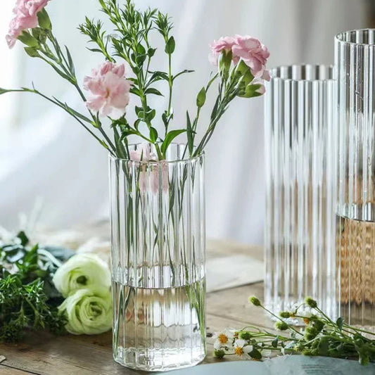 Vases cylindriques en verre côtelé, grands vases transparents pour centres de table, photophores pour bougies piliers ou flottantes