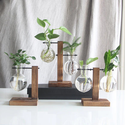 Vase de table créatif en verre avec support en bois pour plantes hydroponiques, décoration de table.