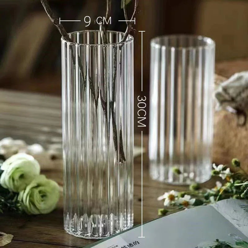 Vases cylindriques en verre côtelé, grands vases transparents pour centres de table, photophores pour bougies piliers ou flottantes