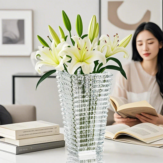 Vase à fleurs en cristal, objet décoratif de luxe pour salon, grand diamètre, fleurs roses et pivoines, style européen, décoration intérieure
