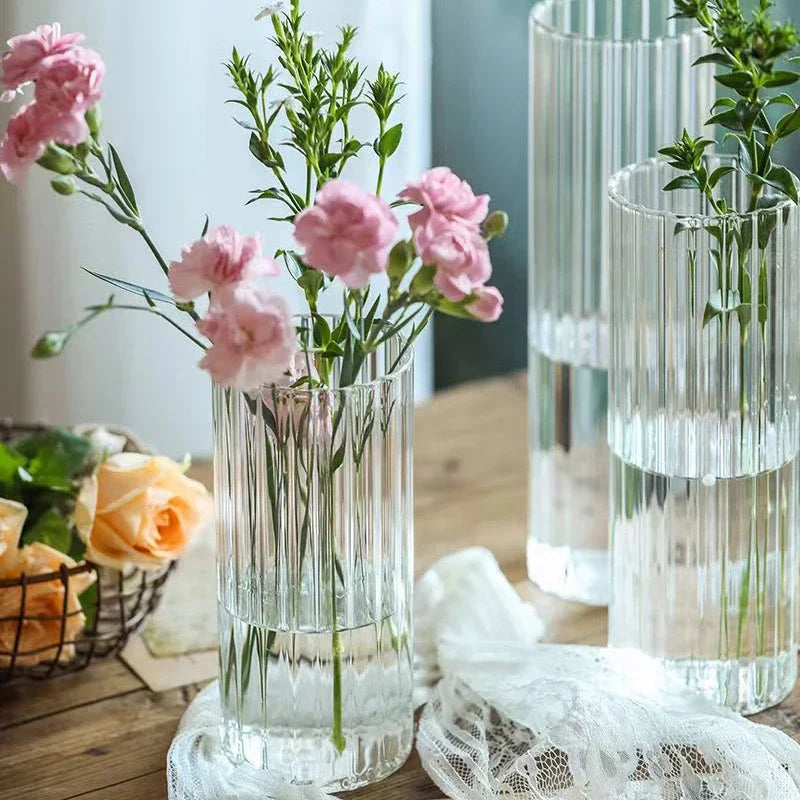 Vases cylindriques en verre côtelé, grands vases transparents pour centres de table, photophores pour bougies piliers ou flottantes