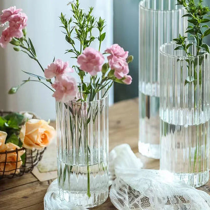 Vases cylindriques en verre côtelé, grands vases transparents pour centres de table, photophores pour bougies piliers ou flottantes