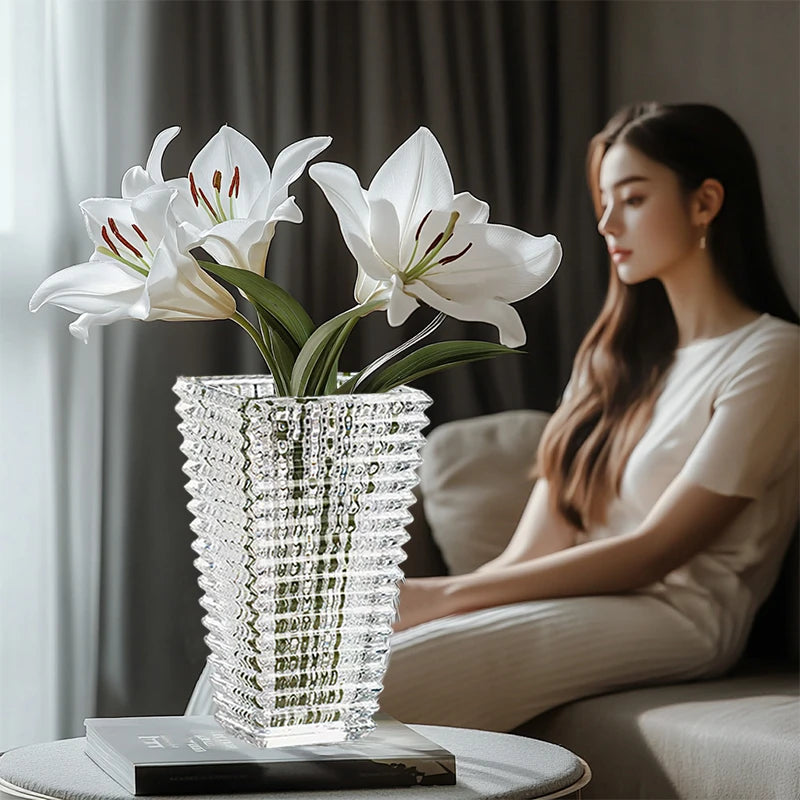 Vase à fleurs en cristal, objet décoratif de luxe pour salon, grand diamètre, fleurs roses et pivoines, style européen, décoration intérieure