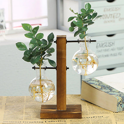 Vase de table créatif en verre avec support en bois pour plantes hydroponiques, décoration de table.
