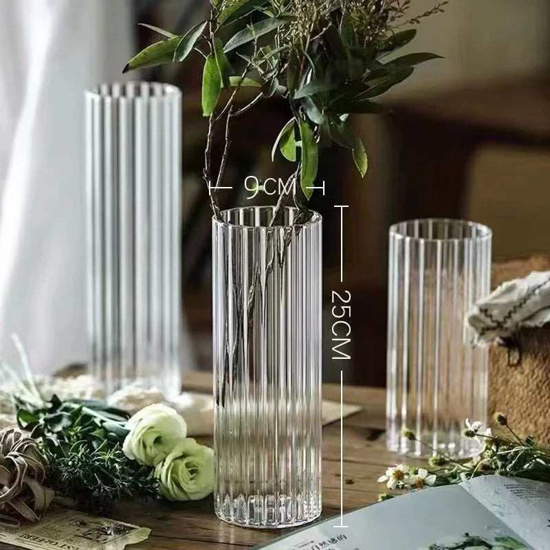 Vases cylindriques en verre côtelé, grands vases transparents pour centres de table, photophores pour bougies piliers ou flottantes
