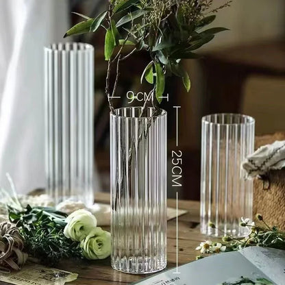 Vases cylindriques en verre côtelé, grands vases transparents pour centres de table, photophores pour bougies piliers ou flottantes