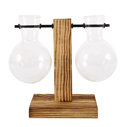Vase de table créatif en verre avec support en bois pour plantes hydroponiques, décoration de table.