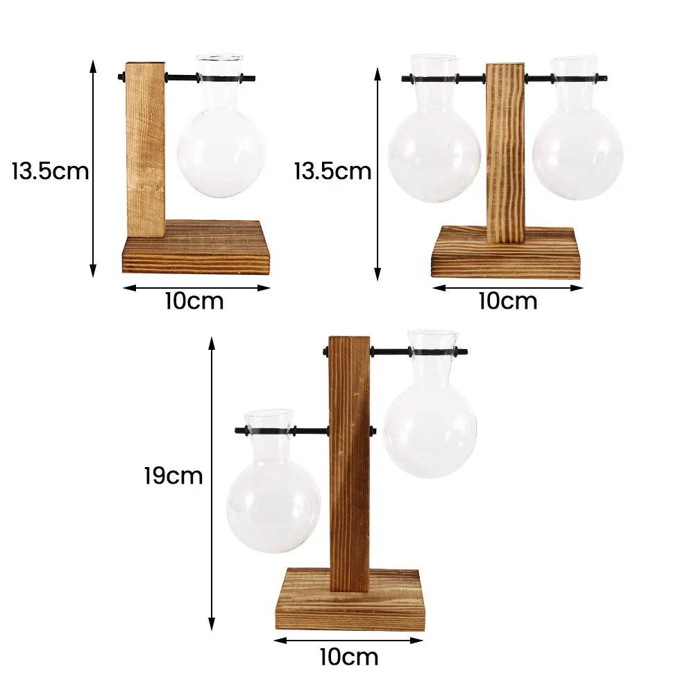 Vase de table créatif en verre avec support en bois pour plantes hydroponiques, décoration de table.